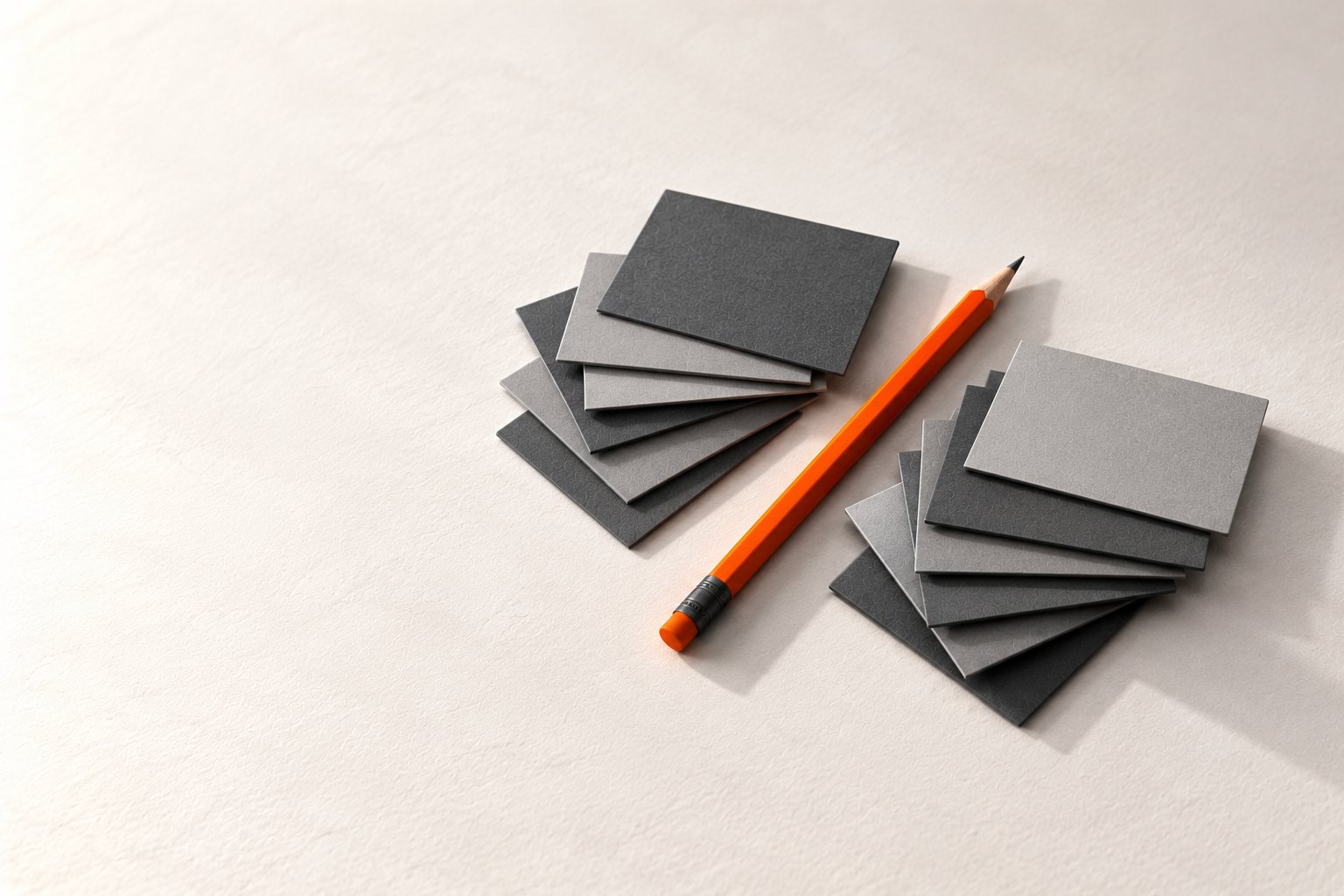 Blank grey paper cards sorted into two groups, with one orange pencil lying between them