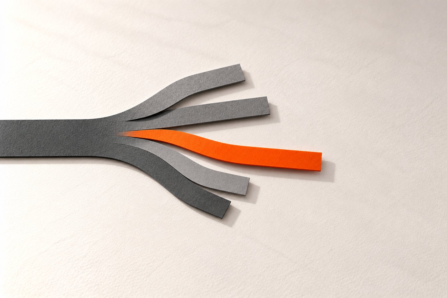 A grey paper road splitting into four narrower paths, with one orange path running further than the rest
